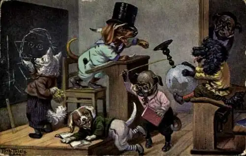 Künstler Ak Thiele, Arthur, Vermenschlichte Hunde in der Schule, Pudel