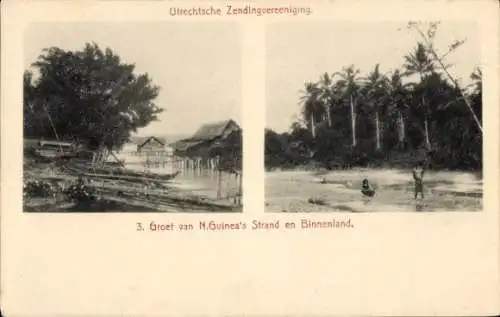 Ak Neuguinea, Groet van N. Guinea's Strand en Binnenlang, Utrechtsche Zendingvereeniging
