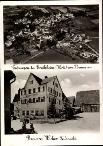 Ak Gröningen Satteldorf in Württemberg, Luftaufnahme, Brauerei Wacker