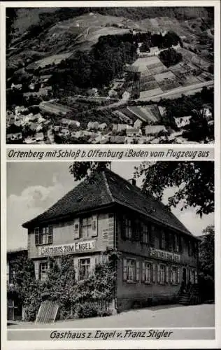 Ak Offenburg in Baden Schwarzwald, Ortenberg mit Schloss, Gasthaus zum Engel, Luftaufnahme