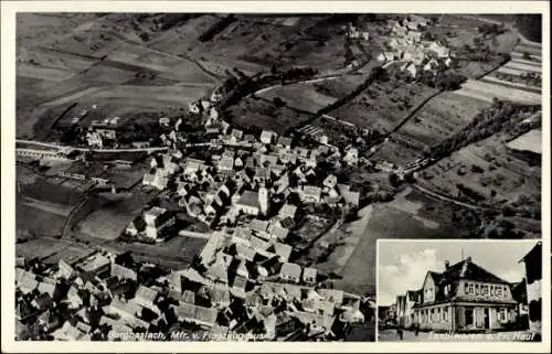 Ak Burghaslach in Mittelfranken, Luftaufnahme über  Häuserlandschaft, Textilwaren v. Fr. Hauf
