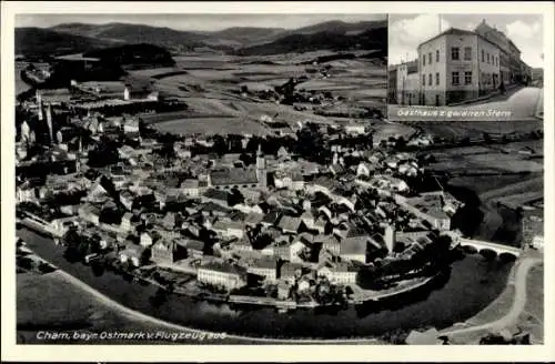 Ak Cham in der Oberpfalz, Luftaufnahme von  Gasthaus zum goldenen Stern, Blick vom Flugzeug