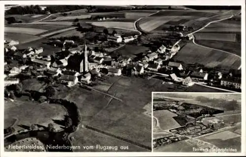 Ak Hebertsfelden Niederbayern, Luftaufnahme von  idyllische Landschaft, Tonwerk sichtbar