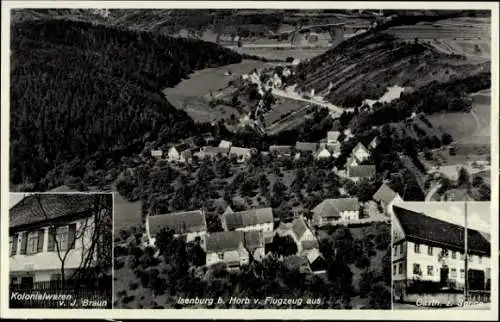 Ak Isenburg im Sayntal Westerwald, Luftaufnahme, Gebäudeansicht, Landschaft, Kolonialwaren V. J. 