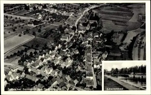 Ak Traisa Mühltal im Odenwald Hessen, Luftaufnahme von Traisa, Schwimmbad, 1950