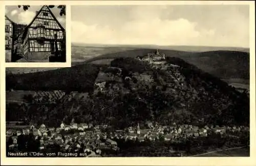 Ak Neustadt Breuberg im Odenwald, Luftansicht von Neustadt, Berg, Fachwerkhaus, historisch