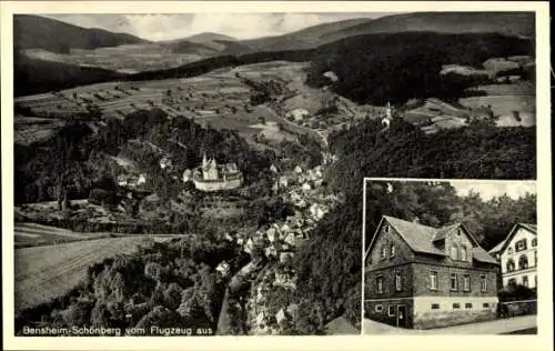 Ak Schönberg Bensheim an der Bergstraße, Fliegeraufnahme, Lebensmittel Ludwig Zill