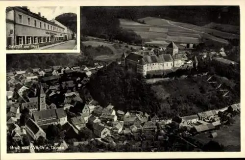 Ak Wörth an der Donau Oberpfalz Bayern, Luftbild von  Gasthof zur Post, Burgansicht, ländliche Um