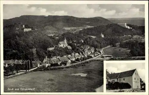 Ak Donaustauf in der Oberpfalz, Ansicht von  Bahnhof-Gaststätte, Hügel, Häuser