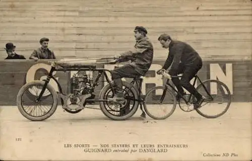 Ak Radrennsport, Radrennfahrer mit Trainer, Guignard, Danglard, Steher, Motorrad, Schrittmacher