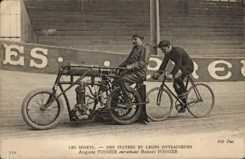 Ak Radrennsport, Radrennfahrer mit Trainer, Auguste Fossier, Honoré Fossier, Motorrad, Schrittmacher