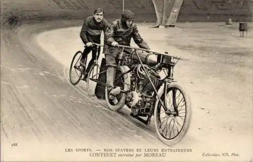 Ak Radrennsport, Radrennfahrer, Steher und Trainer, Contenet, Moreau, Schrittmacher, Motorrad