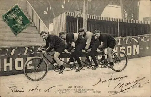 Ak Radrennfahrer Guignard, Georget, Biere, Fossier, Trainings-Tandem Quadruplette, Radrennbahn