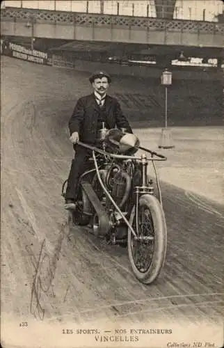 Ak Radrennsport, Trainer Vincelles, Schrittmacher-Motorrad, Radrennbahn