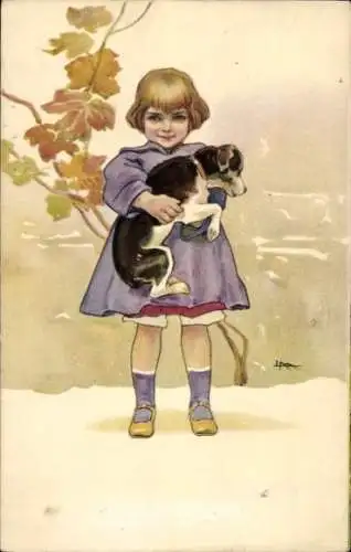 Künstler Ak Mädchen mit Hund, Portrait