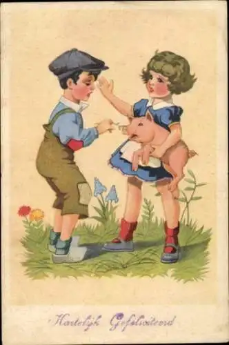Ak Glückwunsch, Kinder, Schwein