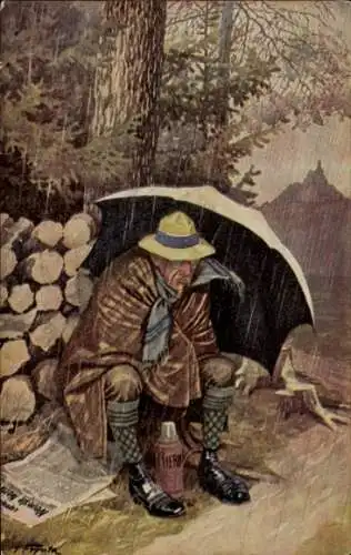 Künstler Ak Verregnet, Mann unter Regenschirm, Humor