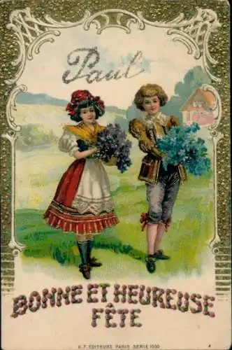 Präge Litho Glückwunsch, Junge und Mädchen in Tracht mit Blumen
