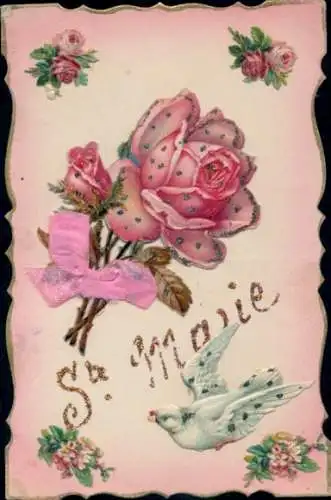 Glitzer Ak Glückwunsch Namenstag, Marie, Rose