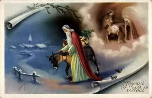 Ak Glückwunsch Weihnachten, Mann mit Esel, Betende Menschen