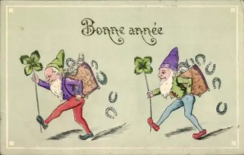 Präge Ak Glückwunsch Neujahr, Kleeblatt, Zwerge, Hufeisen