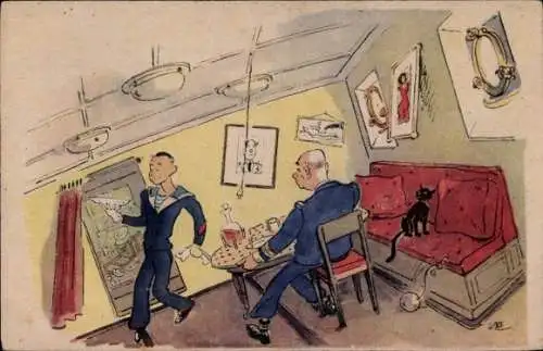 Ak Kellner bringt einem Gast in einer Schiffskajüte eine Speisekarte, Schwarze Katze