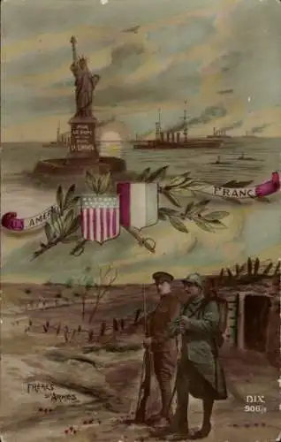Wappen Ak Amerikanischer Soldat, Französischer Soldat, I WK