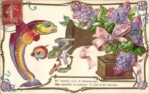 Ak 1. April, Fische, Grammophon, Flieder