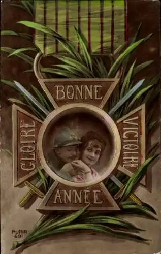 Ak Glückwunsch Neujahr, französischer Soldat, Frau