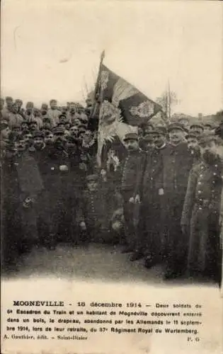 Ak Mogneville Meuse, Zwei Soldaten des 6. Train-Geschwaders und ein Einwohner von Mognéville e...