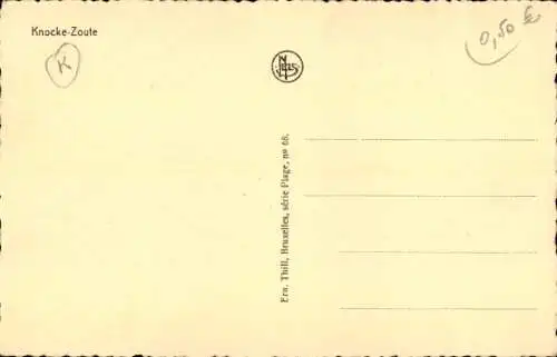 Ak Knocke-Zoute, Strand, Frau im Badeanzug, Bademode