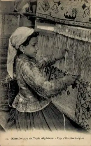 Ak Algerien, junges Mädchen am Teppich Webstuhl