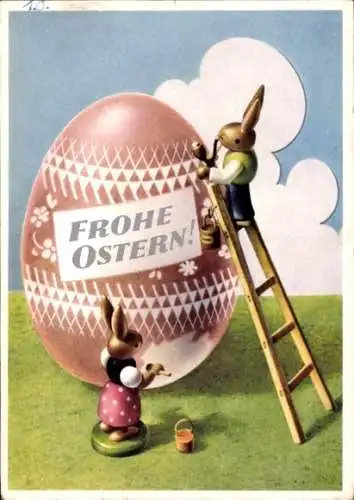 AK Glückwunsch Ostern, Osterei, Osterhasen, Leiter