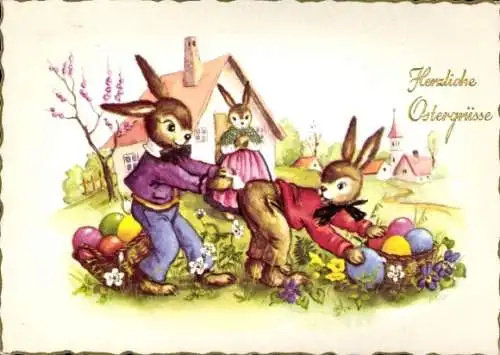 Ak Herzliche Ostergrüße, Osterhasen mit Eiern