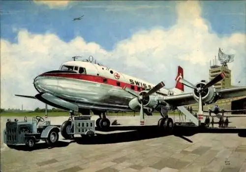 Ak Passagierflugzeug auf dem Flughafen, Swissair, Servicewagen