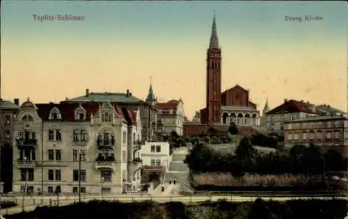 Ak Teplice Teplitz Schönau Reg. Aussig, Teilansicht der Ortschaft mit der evangelischen Kirche