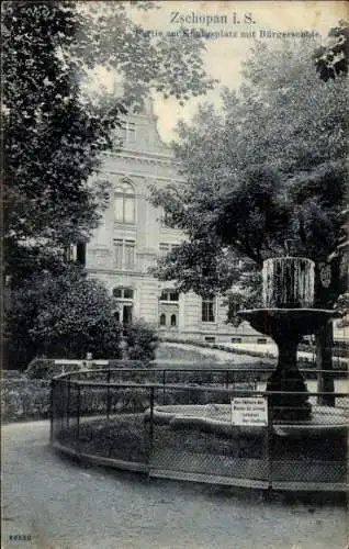 Ak Zschopau im Erzgebirge Sachsen, Königsplatz, Brunnen, Bürgerschule