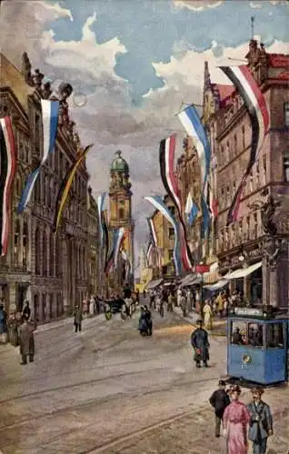 Ak München Bayern, Theatinerstraße, Flaggen, Tram Linie 3