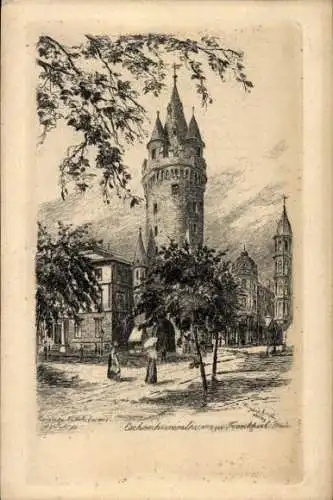 Ak Frankfurt am Main, Turm mit Pflanzen, zwei Frauen, historische Architektur