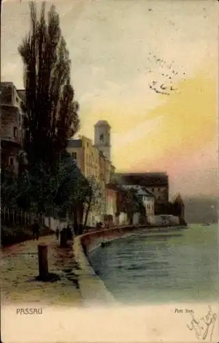 Ak Passau, Partie am Inn, Uferblick, Personen, Turm