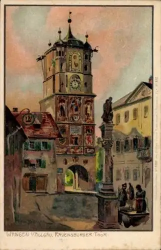 Ak Wangen im Allgäu, Historischer Uhrturm, bunte Figuren, alte Architektur