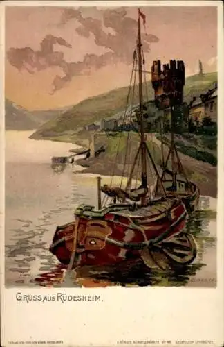 Ak Rüdesheim am Rhein, Schöne Landschaft, Boot, Fluss, Berge, Burg