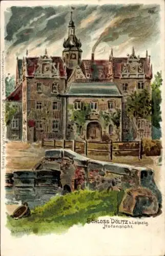 Ak Dölitz Leipzig in Sachsen, Schloss Dölitz, Hofansicht, Künstleransicht, Aquarell