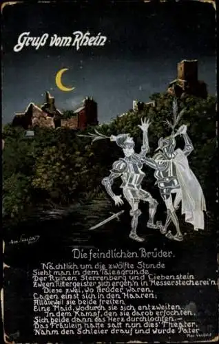 Ak Bacharach am Rhein, Rittergeister, Ruinen Sterrenberg und Ciebenstein, Nacht, Poesie