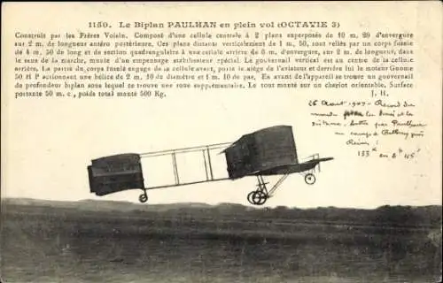 CPA Le Biplan Paullhan en plein vol, Octavie 3