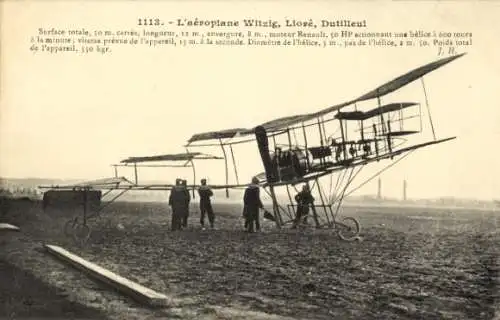 Ak L'Aéroplane Witzig, Liore, Dutilleul, Biplan, Aviateurs