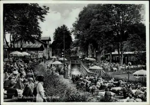 Ak Dresden Nord Langebrück, Gasthof Haidemühle, Dresdner Heide, Garten, Ausflugsgäste