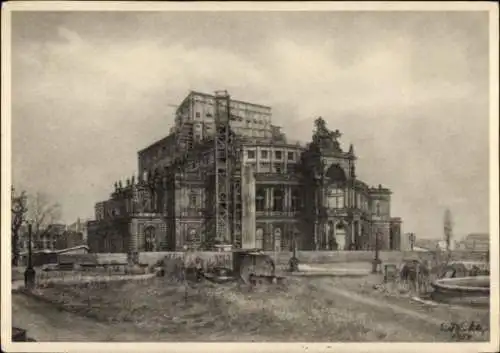 Ak Dresden Altstadt, Staatsoper  Baustelle, Semperbau, Architekturzeichnung, 1954