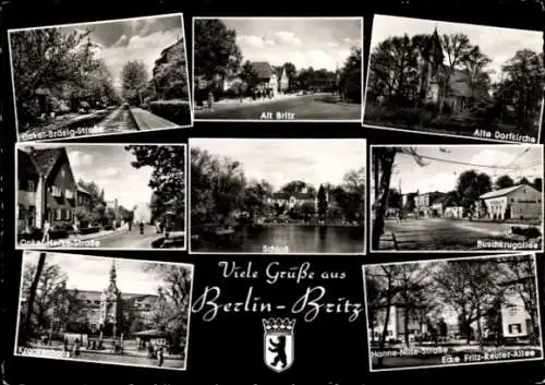 Ak Berlin Neukölln Britz, Alte Dorfkirche, Buschkrugallee, Schloss, Wappen, Krankenhaus