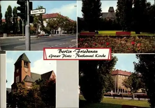 Ak Berlin Schöneberg Friedenau, Grazer Platz, Nathanael Kirche, Außenansicht, Parkbänke